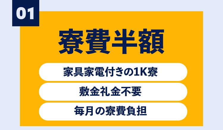 寮費半額
家具家電付きの1K寮
敷金礼金不要
毎月の寮費負担