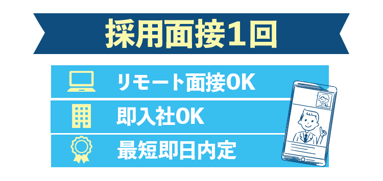 採用面接1回,履歴書なしでOK!,リモート面接・即入社可能。最短即日内定