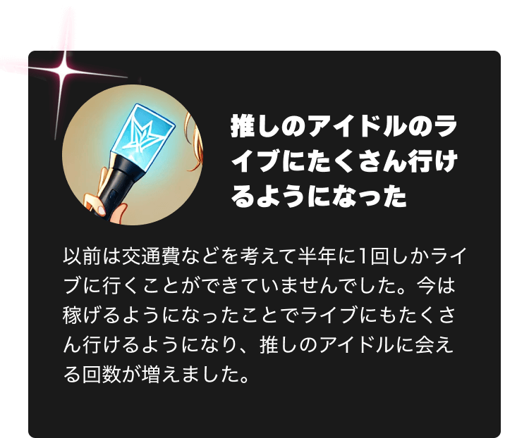 推しのアイドルのライブにたくさん行けるようになった　以前は交通費などを考えて半年に1回しかライブに行くことができていませんでした。今は稼げるようになったことでライブにもたくさん行けるようになり、推しのアイドルに会える回数が増えました。