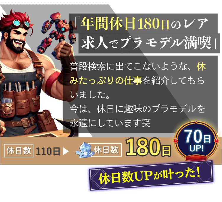 「年間休日180日のレア求人でプラモデル満喫」普段検索に出てこないような、休みたっぷりの仕事を紹介してもらいました。 今は、休日に趣味のプラモデルを永遠にしています笑