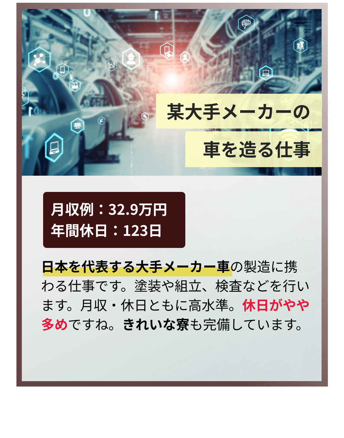 日本を代表する大手メーカー車の製造に携わる仕事です。塗装や組立、検査などを行います。月収・休日ともに高水準。休日がやや多めですね。きれいな寮も完備しています。