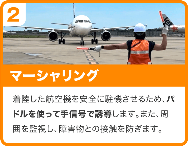 ②マーシャリング｜着陸した航空機を安全に駐機させるため、パドルを使って手信号で誘導します。また、周囲を監視し、障害物との接触を防ぎます。