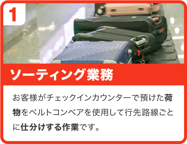 ①ソーディング業務｜お客様がチェックインカウンターで預けた荷物をベルトコンベアを使用して行先路線ごとに仕分けする作業です。