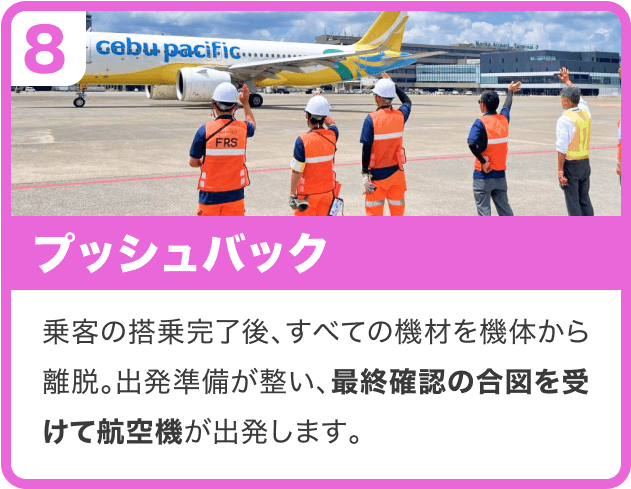 ⑧プッシュバック｜乗客の搭乗完了後、すべての機材を機体から離脱。出発準備が整い、最終確認の合図を受けて航空機が出発します。