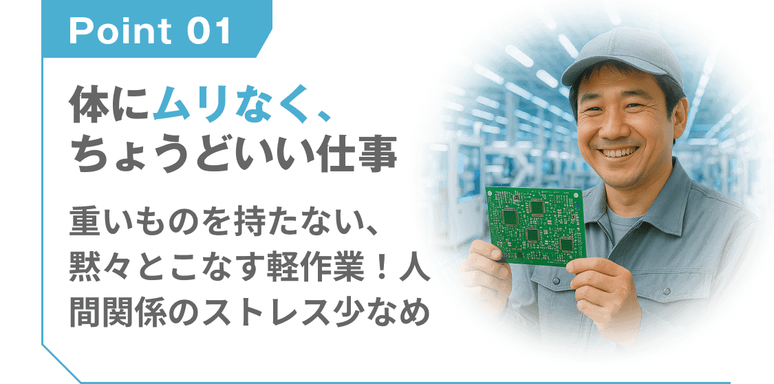 point 01
体にムリなく、ちょうどいい仕事
重いものを持たない、黙々とこなす軽作業!人間関係のストレス少なめ