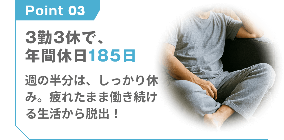 point 03
3勤3休で、年間休日185日
週の半分は、しっかり休み。疲れたまま働き続ける生活から脱出!
