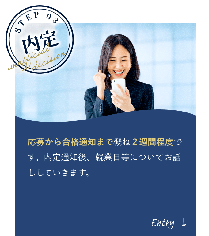 STEP03 内定　応募から内定まで概ね２週間程度です。内定通知後、就業日等についてお話ししていきます。