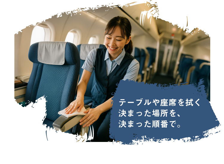 テーブルや座席を拭く 決まった場所を、 決まった順番で。