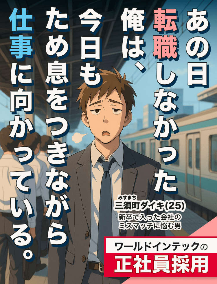 あの日転職しなかった俺は、今日もため息をつきながら仕事に向かっている。｜ワールドインテックの正社員採用｜三須町ダイキ(25)新卒で入った会社のミスマッチに悩む男