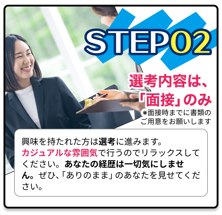 STEP02選考内容は、「面接」のみ※面接時までに書類のご用意をお願いします｜興味を持たれた方は選考に進みます。 カジュアルな雰囲気で行うのでリラックスしてください。あなたの経歴は一切気にしません。ぜひ、「ありのまま」のあなたを見せてください。