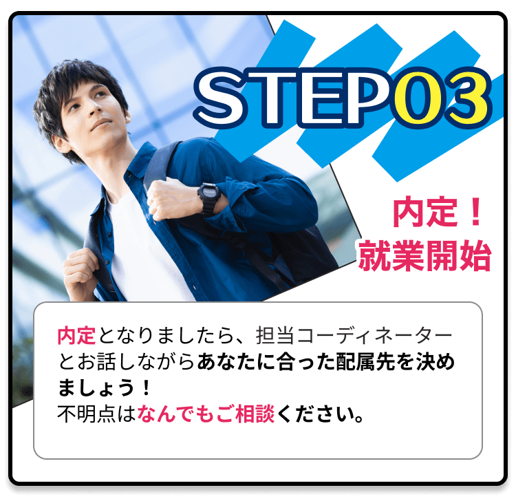 STEP03内定！就業開始｜内定となりましたら、担当コーディネーターとお話しながらあなたに合った配属先を決めましょう！ 不明点はなんでもご相談ください。