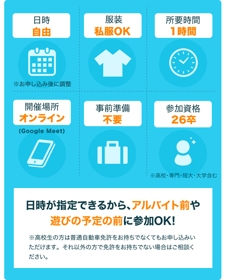 日時自由|服装私服OK|所要時間1時間|開催場所オンライン|事前準備不要|参加資格26卒
話だけでも聞いてみたいという方もぜひご参加ください!