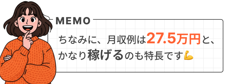 ちなみに、月収例は27.5万円とかなり稼げるのも特長です