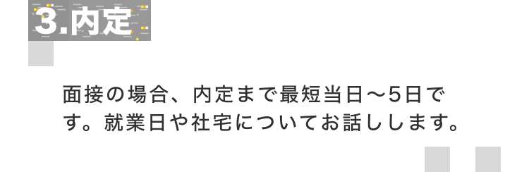 3.内定 面接の場合、内定まで最短当日〜5日です。就業日や社宅についてお話しします。