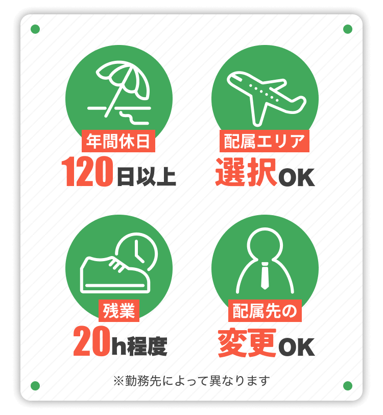 年間休日120日以上｜配属エリア選択OK｜残業20h程度｜配属先の変更OK｜※勤務先によって異なります