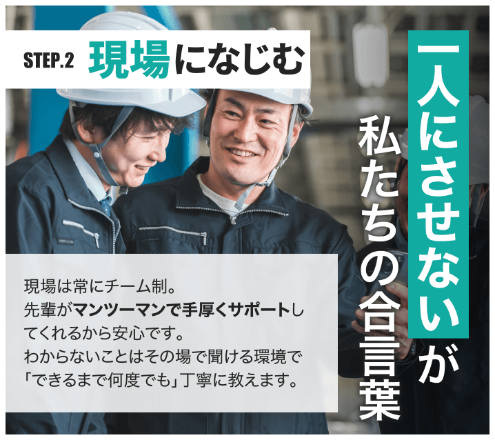 STEP.2 現場になじむ|一人にさせないが私たちの合言葉|現場は常にチーム制。先輩がマンツーマンで手厚くサポートしてくれるから安心です。わからないことはその場で聞ける環境で「できるまで何度でも」丁寧に教えます。