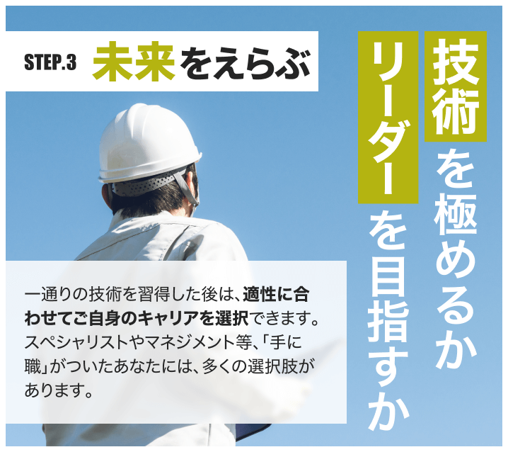 STEP.3 未来をえらぶ|技術を極めるかリーダーを目指すか|一通りの技術を習得した後は、適性に合わせてご自身のキャリアを選択できます。スペシャリストやマネジメント等、「手に職」がついたあなたには、多くの選択肢があります。