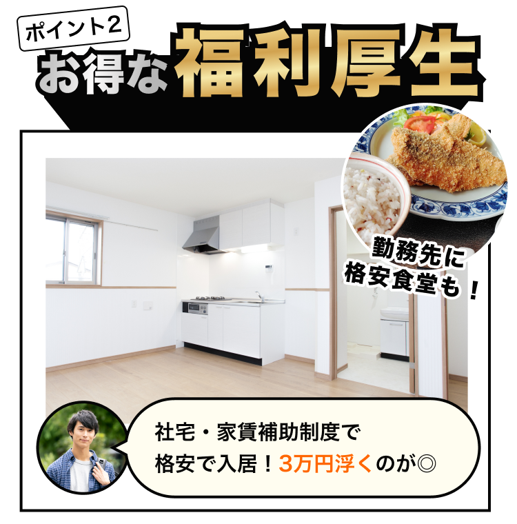 ポイント2
お得な福利厚生
勤務先に格安食堂も!
社宅・家賃補助制度で
格安で入居!3万円浮くのが◎