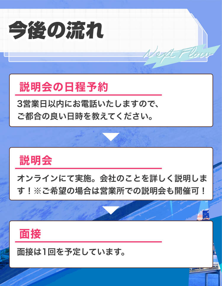今後の流れ
説明会の日程予約
3営業日以内にお電話いたしますので、
ご都合の良い日時を教えてください。
説明会
オンラインにて実施。
会社のことを詳しく説明します！
面接
1次面接→最終面接の2回を予定しています。
※応募に必要な資格はありません。