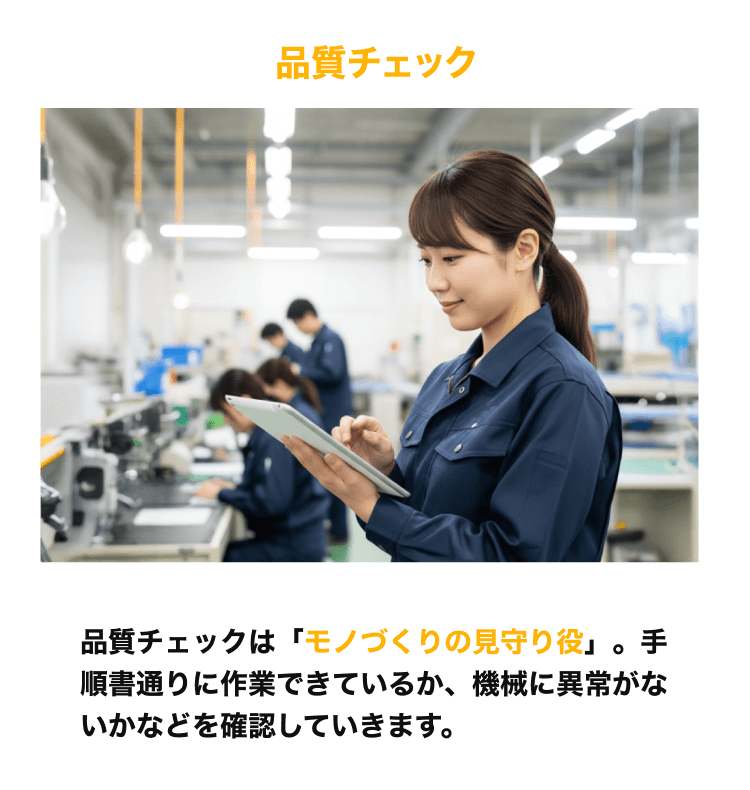品質チェック 品質チェックは「モノづくりの見守り役」。手順書通りに作業できているか、機械に異常がないかなどを確認していきます。