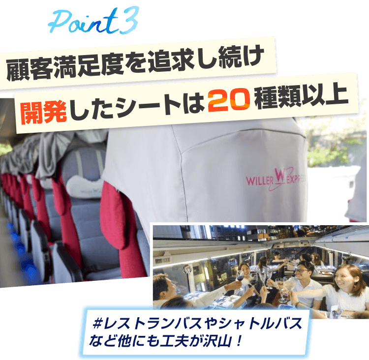 Point3
顧客満足度を追求し続け
開発したシートは20種類以上
#レストランバスやシャトルバスなど他にも工夫が沢山!