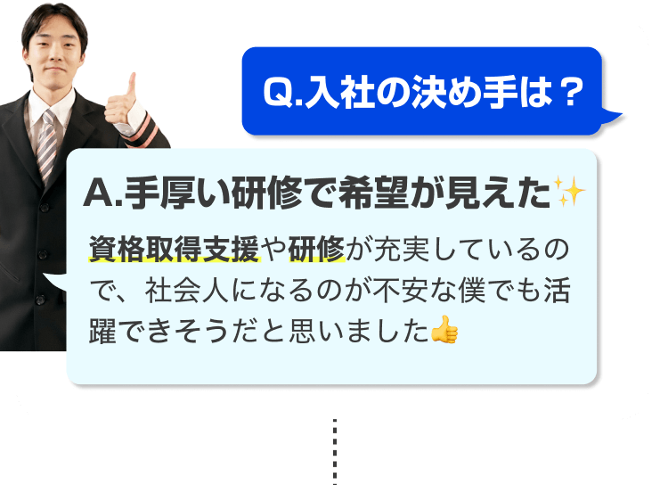Q.入社の決め手は?
A.手厚い研修で希望が見えた✨️
資格取得支援や研修が充実しているので、社会人になるのが不安な僕でも活躍できそうだと思いました👍️