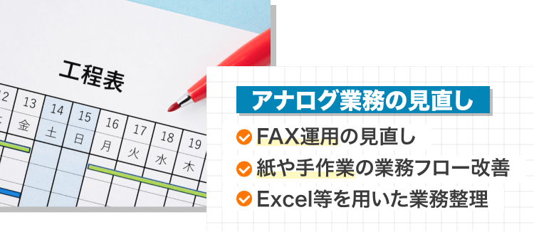 工程表を見ながら、FAX運用の見直し、紙や手作業の業務フロー改善、Excel等を用いた業務整理を行う仕事の例